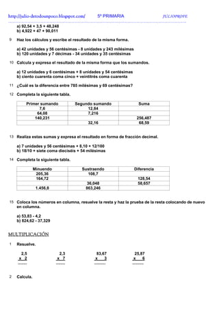 http://julio-
http://julio -detodounpoco.blogspot.com/ 5º PRIMARIA JULIOPROFE
………………………………………………………………………………………………………….
    a) 92,54 + 3,5 + 48,248
    b) 4,922 + 47 + 90,011

9   Haz los cálculos y escribe el resultado de la misma forma.

    a) 42 unidades y 56 centésimas - 8 unidades y 243 milésimas
    b) 120 unidades y 7 décimas - 34 unidades y 35 centésimas

10 Calcula y expresa el resultado de la misma forma que los sumandos.

    a) 12 unidades y 6 centésimas + 8 unidades y 54 centésimas
    b) ciento cuarenta coma cinco + veintitrés coma cuarenta

11 ¿Cuál es la diferencia entre 785 milésimas y 69 centésimas?

12 Completa la siguiente tabla.

           Primer sumando            Segundo sumando                  Suma
                 7,6                      12,84
                64,08                     7,216
               140,231                                              256,487
                                          32,16                      68,59


13 Realiza estas sumas y expresa el resultado en forma de fracción decimal.

    a) 7 unidades y 56 centésimas + 8,10 + 12/100
    b) 18/10 + siete coma dieciséis + 54 milésimas

14 Completa la siguiente tabla.

               Minuendo                Sustraendo                 Diferencia
                205,36                   108,7
                164,72                                               128,54
                                         36,048                      58,657
                1.456,8                  863,246


15 Coloca los números en columna, resuelve la resta y haz la prueba de la resta colocando de nuevo
    en columna.

    a) 53,83 - 4,2
    b) 824,62 - 37,329


MULTIPLICACIÓN

1   Resuelve.

       2,5                   2,3               83,67               25,87
     x 2                   x 7                x       3           x       6
    ........              ........           ..........          ..........


2   Calcula.
 