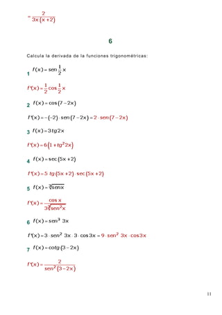 11
6
Calcula la derivada de la funciones trigonométricas:
1
2
3
4
5
6
7
 