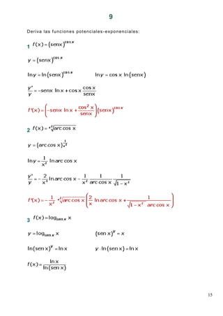 15
9
Deriva las funciones potenciales-exponenciales:
1
2
3
 