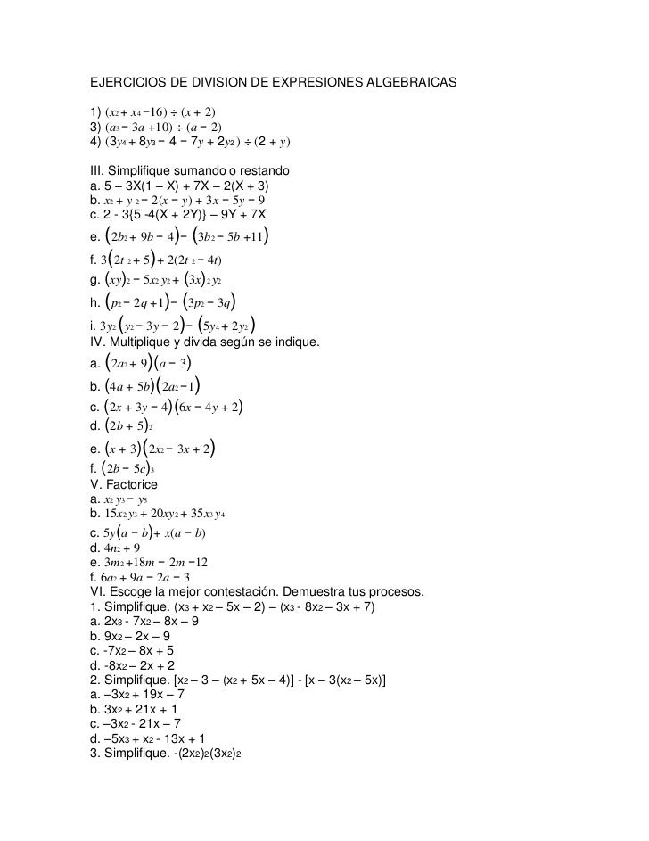 Ejercicios De Division De Expresiones Algebraicas Y