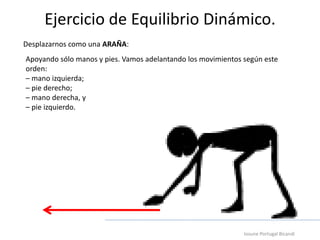 Ejercicio de Equilibrio Dinámico.
Iosune Portugal Bicandi
Desplazarnos como una ARAÑA:
Apoyando sólo manos y pies. Vamos adelantando los movimientos según este
orden:
– mano izquierda;
– pie derecho;
– mano derecha, y
– pie izquierdo.
 