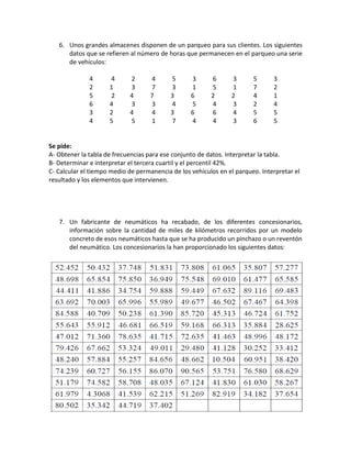 6. Unos grandes almacenes disponen de un parqueo para sus clientes. Los siguientes
datos que se refieren al número de horas que permanecen en el parqueo una serie
de vehículos:
4 4 2 4 5 3 6 3 5 3
2 1 3 7 3 1 5 1 7 2
5 2 4 7 3 6 2 2 4 1
6 4 3 3 4 5 4 3 2 4
3 2 4 4 3 6 6 4 5 5
4 5 5 1 7 4 4 3 6 5
Se pide:
A- Obtener la tabla de frecuencias para ese conjunto de datos. Interpretar la tabla.
B- Determinar e interpretar el tercera cuartil y el percentil 42%.
C- Calcular el tiempo medio de permanencia de los vehículos en el parqueo. Interpretar el
resultado y los elementos que intervienen.
7. Un fabricante de neumáticos ha recabado, de los diferentes concesionarios,
información sobre la cantidad de miles de kilómetros recorridos por un modelo
concreto de esos neumáticos hasta que se ha producido un pinchazo o un reventón
del neumático. Los concesionarios la han proporcionado los siguientes datos:
 