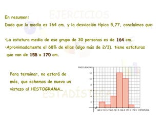 En resumen: Dado que la media es 164 cm. y la desviación típica 5,77, concluímos que: La estatura media de ese grupo de 30 personas es de  164  cm. Aproximadamente el 68% de ellas (algo más de 2/3), tiene estaturas  que van de  158  a  170  cm. Para terminar, no estará de más, que echemos de nuevo un vistazo al HISTOGRAMA… 