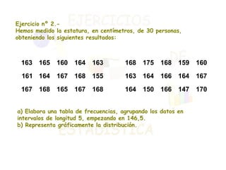 Ejercicio nº 2.- Hemos medido la estatura, en centímetros, de 30 personas, obteniendo los siguientes resultados: a) Elabora una tabla de frecuencias, agrupando los datos en intervalos de longitud 5, empezando en 146,5. b) Representa gráficamente la distribución. 
