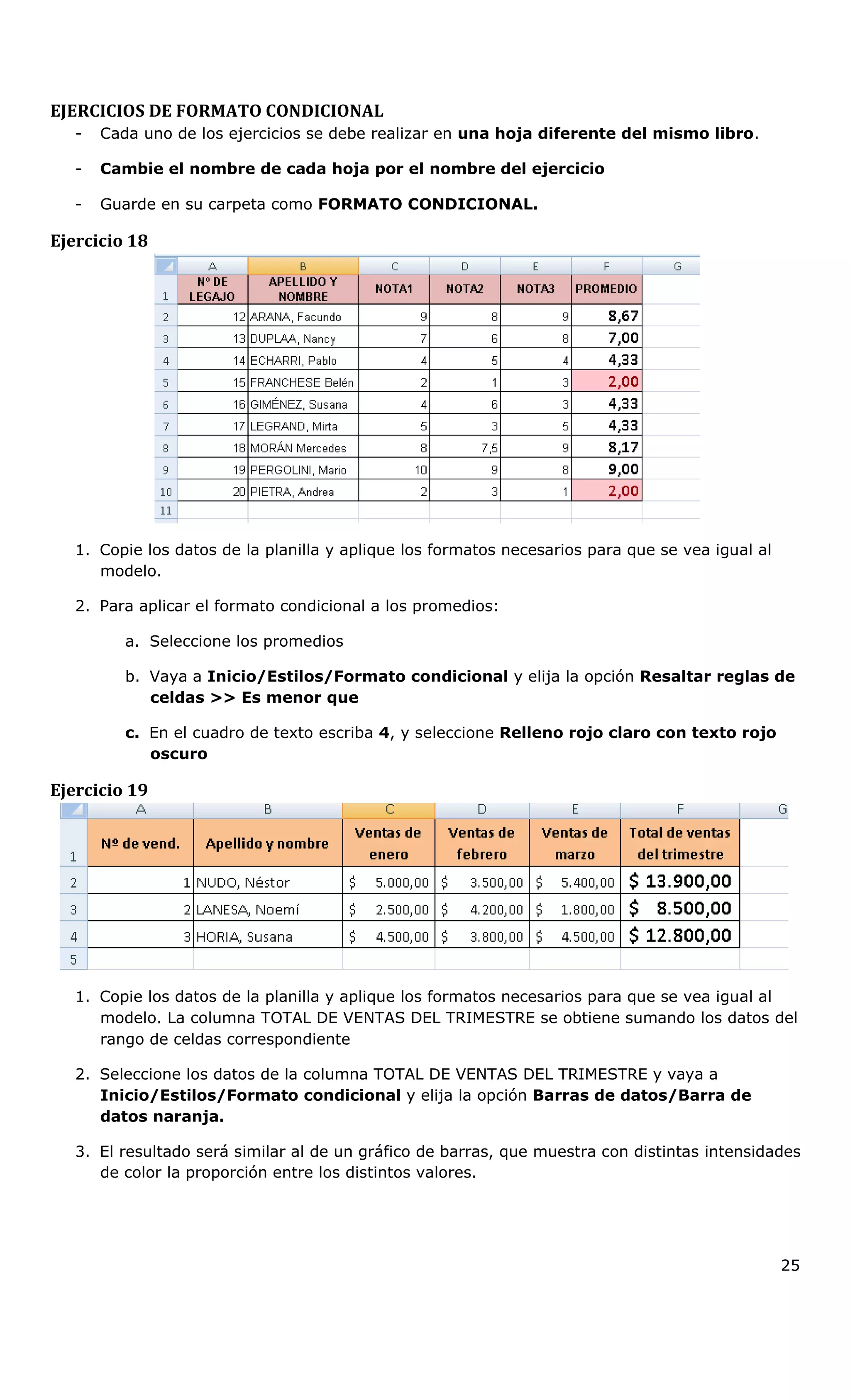 EJERCICIOS DE FORMATO CONDICIONAL
- Cada uno de los ejercicios se debe realizar en una hoja diferente del mismo libro.
- Cambie el nombre de cada hoja por el nombre del ejercicio
- Guarde en su carpeta como FORMATO CONDICIONAL.
Ejercicio 18
1. Copie los datos de la planilla y aplique los formatos necesarios para que se vea igual al
modelo.
2. Para aplicar el formato condicional a los promedios:
a. Seleccione los promedios
b. Vaya a Inicio/Estilos/Formato condicional y elija la opción Resaltar reglas de
celdas >> Es menor que
c. En el cuadro de texto escriba 4, y seleccione Relleno rojo claro con texto rojo
oscuro
Ejercicio 19
1. Copie los datos de la planilla y aplique los formatos necesarios para que se vea igual al
modelo. La columna TOTAL DE VENTAS DEL TRIMESTRE se obtiene sumando los datos del
rango de celdas correspondiente
2. Seleccione los datos de la columna TOTAL DE VENTAS DEL TRIMESTRE y vaya a
Inicio/Estilos/Formato condicional y elija la opción Barras de datos/Barra de
datos naranja.
3. El resultado será similar al de un gráfico de barras, que muestra con distintas intensidades
de color la proporción entre los distintos valores.
25
 