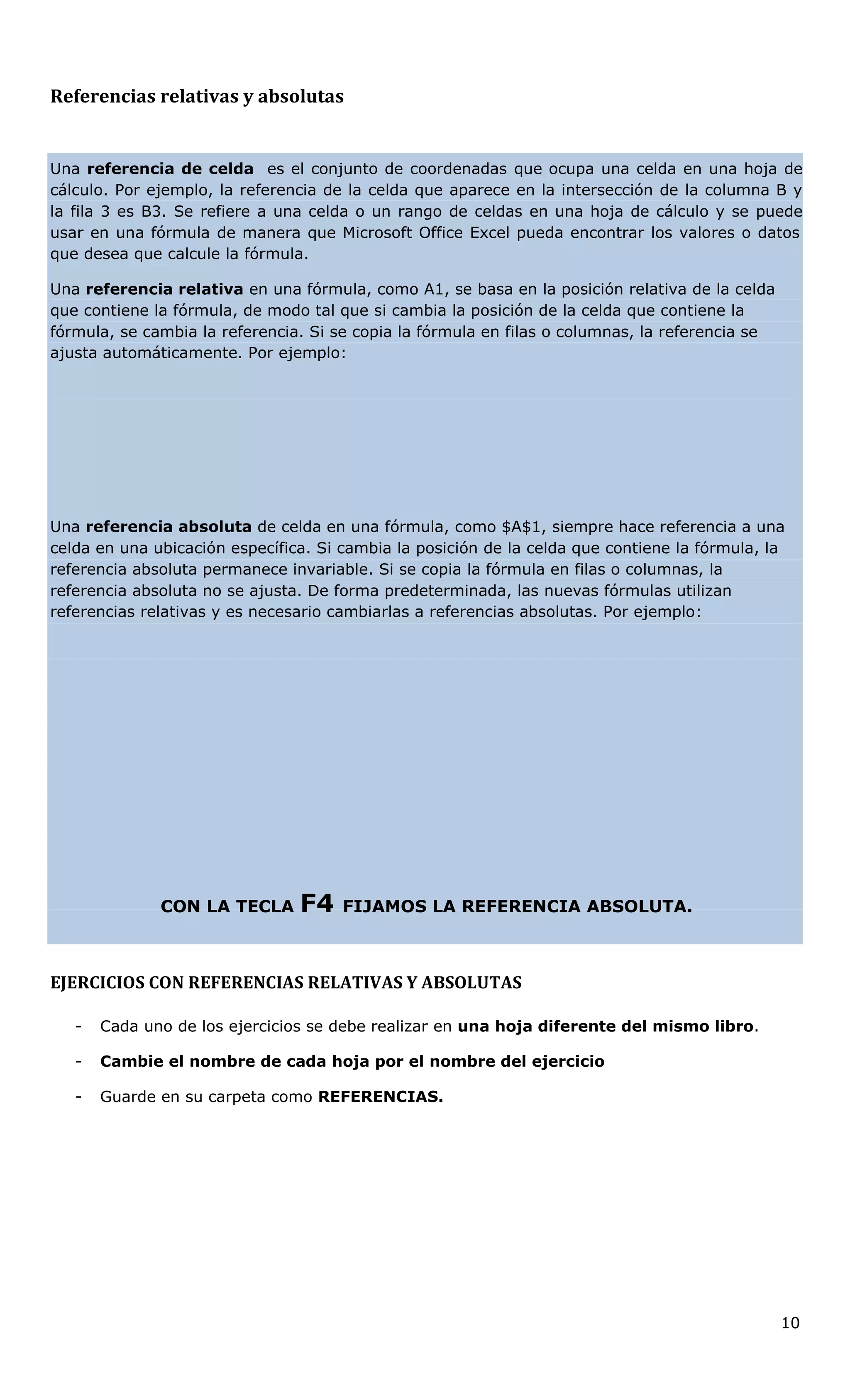 Referencias relativas y absolutas
Una referencia de celda es el conjunto de coordenadas que ocupa una celda en una hoja de
cálculo. Por ejemplo, la referencia de la celda que aparece en la intersección de la columna B y
la fila 3 es B3. Se refiere a una celda o un rango de celdas en una hoja de cálculo y se puede
usar en una fórmula de manera que Microsoft Office Excel pueda encontrar los valores o datos
que desea que calcule la fórmula.
Una referencia relativa en una fórmula, como A1, se basa en la posición relativa de la celda
que contiene la fórmula, de modo tal que si cambia la posición de la celda que contiene la
fórmula, se cambia la referencia. Si se copia la fórmula en filas o columnas, la referencia se
ajusta automáticamente. Por ejemplo:
Una referencia absoluta de celda en una fórmula, como $A$1, siempre hace referencia a una
celda en una ubicación específica. Si cambia la posición de la celda que contiene la fórmula, la
referencia absoluta permanece invariable. Si se copia la fórmula en filas o columnas, la
referencia absoluta no se ajusta. De forma predeterminada, las nuevas fórmulas utilizan
referencias relativas y es necesario cambiarlas a referencias absolutas. Por ejemplo:
CON LA TECLA F4 FIJAMOS LA REFERENCIA ABSOLUTA.
EJERCICIOS CON REFERENCIAS RELATIVAS Y ABSOLUTAS
- Cada uno de los ejercicios se debe realizar en una hoja diferente del mismo libro.
- Cambie el nombre de cada hoja por el nombre del ejercicio
- Guarde en su carpeta como REFERENCIAS.
10
 