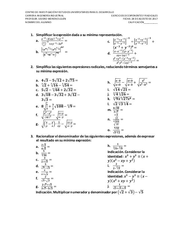 Ejercicios De Exponentes Y Radicales
