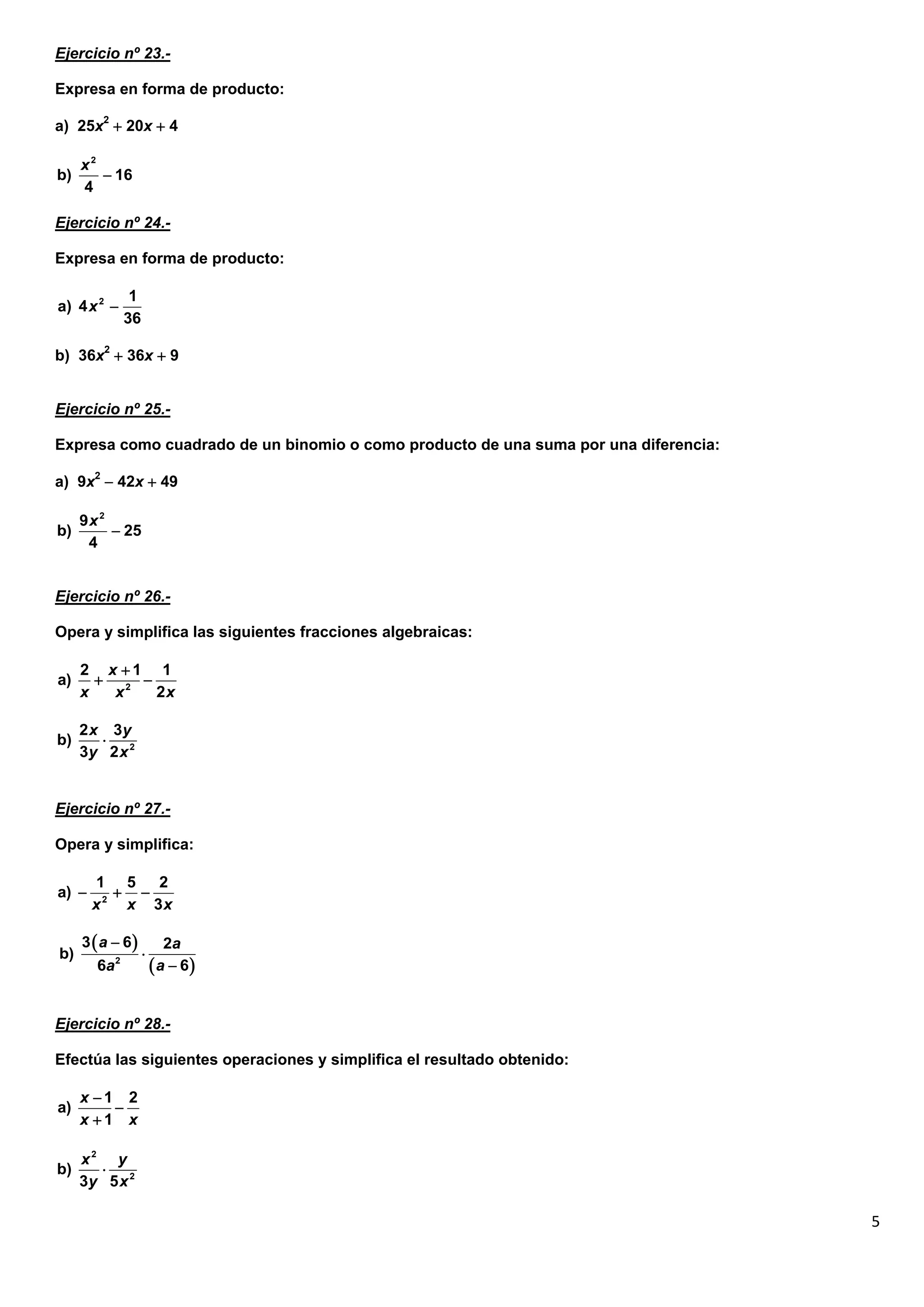 Ejercicios de expresiones algebraicas | PDF