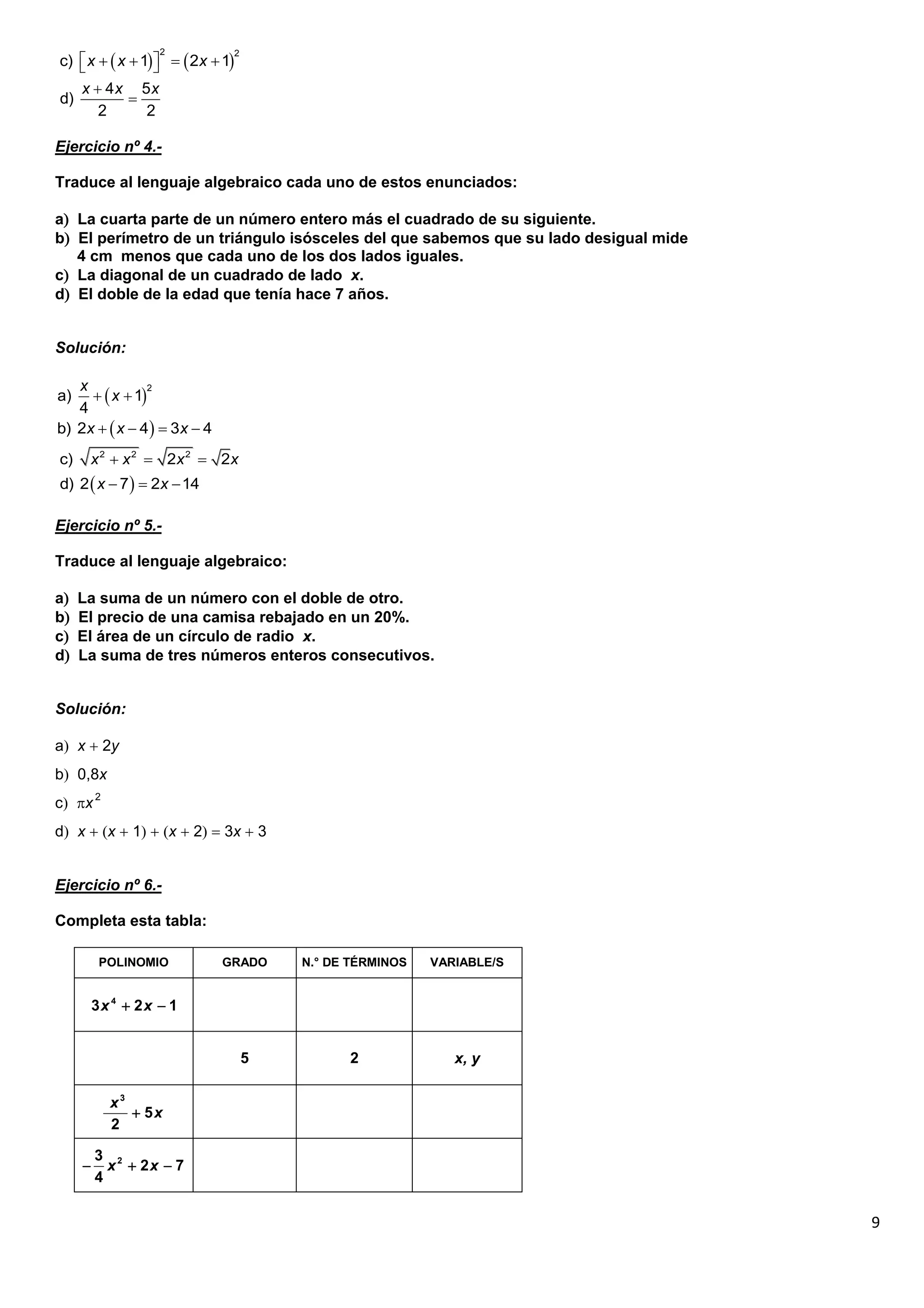 Ejercicios de expresiones algebraicas | PDF