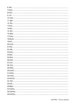 6. NiO.....................................................................................................................................
7.Cl2O7...................................................................................................................................
8.P2O5....................................................................................................................................
9. LiH.......................................................................................................................................
10. CaO...................................................................................................................................
11. AgH ..................................................................................................................................
12. Hbr....................................................................................................................................
13.H2S....................................................................................................................................
14.NH3 ...................................................................................................................................
15. HCl ...................................................................................................................................
16. BaO...................................................................................................................................
17.CaH2..................................................................................................................................
18.Na2O2................................................................................................................................
19.PH3 ...................................................................................................................................
20.Cs2O..................................................................................................................................
21.PbI2....................................................................................................................................
22. KBr ...................................................................................................................................
23.AsH3..................................................................................................................................
24.BaS ...................................................................................................................................
25.AlCl3...................................................................................................................................
26.Al2S3 .................................................................................................................................
27.Li2O ...................................................................................................................................
28. FeS...................................................................................................................................
29.HNO3.................................................................................................................................
30.H2CO3...............................................................................................................................
31.HClO4................................................................................................................................
32.H3PO4 ..............................................................................................................................
33.H4P2O5 ............................................................................................................................
34. HIO....................................................................................................................................
35.H2S....................................................................................................................................
36.MgH2 ................................................................................................................................
37.H2SiO3..............................................................................................................................
38.Ca(OH)2.............................................................................................................................
39.Fe(OH)3.............................................................................................................................
Isabel BG – Física y química
 