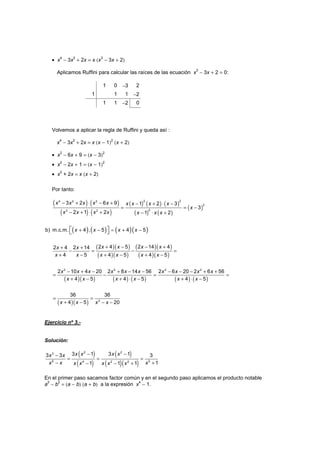 • x4
− 3x2
+ 2x = x (x3
− 3x + 2)
Aplicamos Ruffini para calcular las raíces de las ecuación x
3
− 3x + 2 = 0:
1 0 −3 2
1 1 1 −2
1 1 −2 0
Volvemos a aplicar la regla de Ruffini y queda así :
x
4
− 3x
2
+ 2x = x (x − 1)
2
(x + 2)
• x
2
− 6x + 9 = (x − 3)
2
• x
2
− 2x + 1 = (x − 1)
2
• x
2
+ 2x = x (x + 2)
Por tanto:
( ) ( )
( ) ( )
( ) ( ) ( )
( ) ( )
( )
− + ⋅ − + − + ⋅ −
= = −
− + ⋅ + − ⋅ +
2 24 2 2
2
22 2
3 2 6 9 1 2 3
3
2 1 2 1 2
x x x x x x x x x
x
x x x x x x x
( ) ( ) ( )( )b) m.c.m. 4 , 5 4 5x x x x=+ − + −  
( )( )
( )( )
( )( )
( )( )
+ − − ++ +
− = − =
+ − + − + −
2 4 5 2 14 42 4 2 14
4 5 4 5 4 5
x x x xx x
x x x x x x
( )( ) ( ) ( )
− + − + − −
= − =
+ − + ⋅ −
2 2
2 10 4 20 2 8 14 56
4 5 4 5
x x x x x x
x x x x ( ) ( )
2 2
2 6 20 2 6 56
4 5
x x x x
x x
− − − + +
=
+ ⋅ −
( )( )
= =
+ − − −2
36 36
4 5 20x x x x
Ejercicio nº 3.-
Solución:
( )
( )
( )
( )( )
− −−
= = =
− +− − +
2 23
5 24 2 2
3 1 3 13 3 3
11 1 1
x x x xx x
x x xx x x x x
En el primer paso sacamos factor común y en el segundo paso aplicamos el producto notable
a2
− b2
= (a − b) (a + b) a la expresión x4
− 1.
 