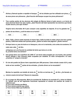 http://julio-
http://julio -detodounpoco.blogspot.com/ 6º PRIMARIA JULIOPROFE
…………………………………………………………………………………………………………..………….


3                                                     2                                                    4
    Ainhoa y Samuel ayudan a repoblar el bosque.          de los árboles que han utilizado son pinos, y
                                                  3                                                        5
    de esos pinos son piñoneros. ¿Qué fracción del bosque ocupan los pinos piñoneros?


4   Tres cuartas partes de los alumnos del colegio de Marcos tienen el pelo oscuro y un tercio de
    esos alumnos tienen los ojos verdes. ¿Qué fracción del total representan los alumnos que tienen
    el pelo oscuro y los ojos verdes?

                                                                                                           3
    Virginia tenía ahorrados 48 € para comprar unas zapatillas de deporte. Si se ha gastado las
                                                                                                           4
5   partes de ese dinero, ¿cuál de estas es su hucha?

       12 €                   15 €                    36 €                      40 €


6   Sofía, Valle y Arturo están leyendo el mismo libro. Sofía ha leído la mitad, Arturo las tres cuartas
    partes y Valle lleva leídas dos quintas partes. ¿Quién ha leído más páginas? ¿Quién menos?

7   Enrique toma un vaso de leche en el desayuno, otro en la merienda y otro antes de acostarse. En
                    1
    cada vaso cabe    de litro.
                    5
    a) Expresa con una fracción la cantidad de leche que toma en un día.
    b) ¿Cuánto toma una semana?

8   Una granja tiene una superficie de 5.400 m2. Un tercio está ocupado por una huerta, dos quintos
    tienen árboles y dos novenos están ocupados por establos. El resto corresponde a la casa.
    ¿Cuántos m2 ocupa la vivienda?


9   El cine del pueblo de Álvaro tiene capacidad para 280 personas. Cada entrada cuesta 4,8 € y esta
                          2
    tarde se han vendido    partes de las entradas. ¿Cuánto dinero se ha recaudado?
                          5


                                                  3                             1
    Montse ha repartido una botella de leche de       de litro en tarrinas de        de litro. ¿Ha llenado un
                                              4                                 10
10 número exacto de tarrinas? Razona la respuesta.


11 En un juego de 100 preguntas, María ha acertado 64, Guillermo ha acertado 67 y Jaime ha fallado
    31. Señala cuál de las siguientes fracciones representa el número de aciertos de Loreto si
    sabemos que:
    a) Tuvo más aciertos que María.
    b) Tuvo menos aciertos que Jaime.
    c) Tuvo menos fallos que Guillermo.

       63                65                68                  71                    69
      100               100               100                  100               100
 