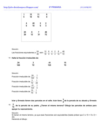 http://julio-
http://julio -detodounpoco.blogspot.com/ 6º PRIMARIA JULIOPROFE
…………………………………………………………………………………………………………..………….

                       1         12         11            6
                       5         18         15            9


                             4        40             2   2
                             6        18             6   3


                        25         8            7        48
                        20        12            31       72




        Solución:
                                           24      12 6 4 2 8    48
        Las fracciones equivalentes a         son:   , , , ,   y
                                           36      18 9 6 3 12   72

   14 Halla la fracción irreducible de:

               24                      3                       41       15
              120                     72                      123       75



        Solución:
                                 24         1
        Fracción irreducible de       :
                                120         5
                                 3          1
        Fracción irreducible de     :
                                72         24
                                 41         1
        Fracción irreducible de       :
                                123         3
                                15         1
        Fracción irreducible de     :
                                75         5


                                                                       3
        Icíar y Ernesto tienen dos parcelas en el valle. Icíar tiene     de la parcela de su abuela y Ernesto
                                                                       9
   15    5
            de la parcela de su padre. ¿Tienen el mismo terreno? Dibuja las parcelas de ambos para
        15
        apoyar tu razonamiento.

        Solución:
        Sí tienen el mismo terreno, ya que esas fracciones son equivalentes (basta probar que 3 x 15 = 9 x 5 =
        45)
        Haciendo el dibujo:
 