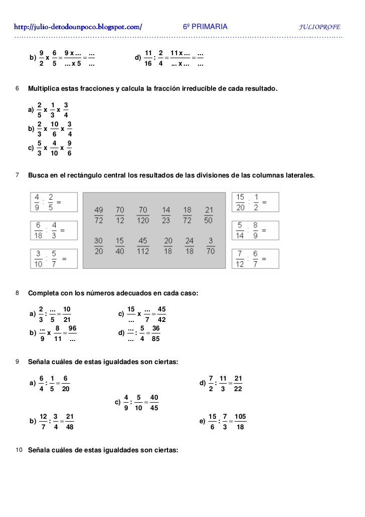 Ejercicios De Fracciones Soluciones 6º