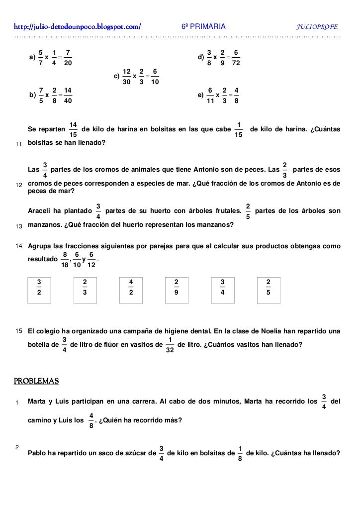 Ejercicios De Fracciones Soluciones 6º