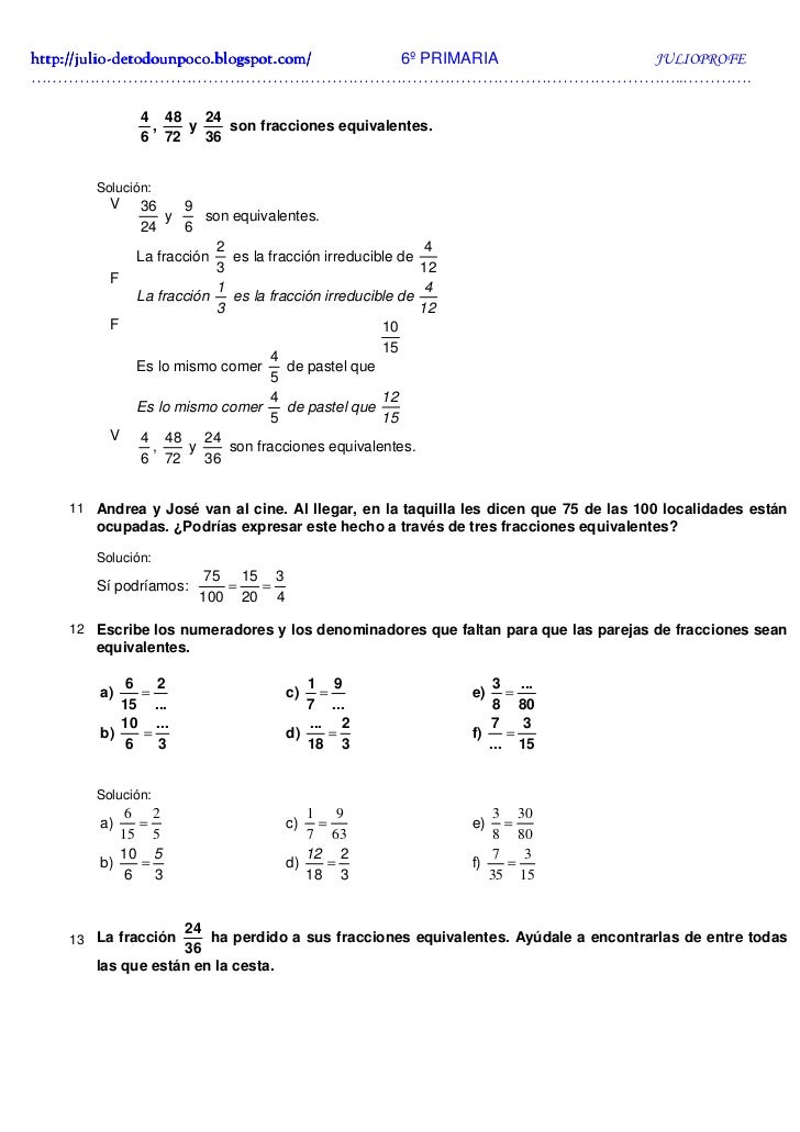 Ejercicios De Fracciones Soluciones 6º