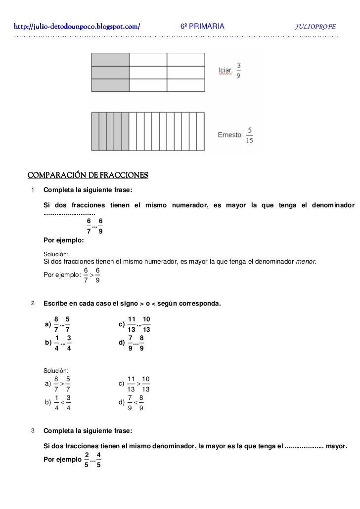 Ejercicios de Fracciones + Soluciones 6º Ejercicios de Fracciones + Soluciones 6º