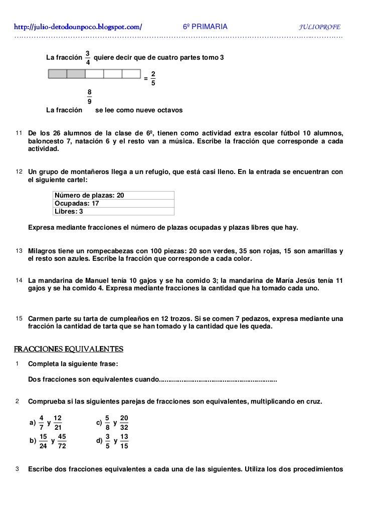 Ejercicios De Fracciones Soluciones 6º