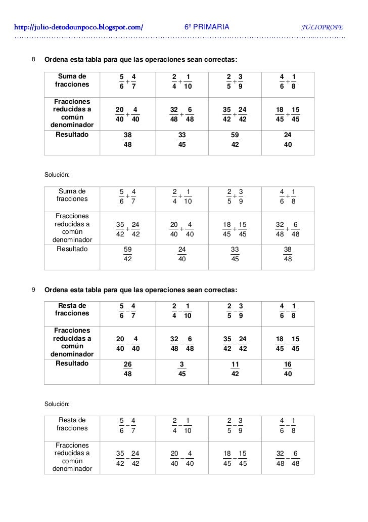 Ejercicios de Fracciones + Soluciones 6º Ejercicios de Fracciones + Soluciones 6º