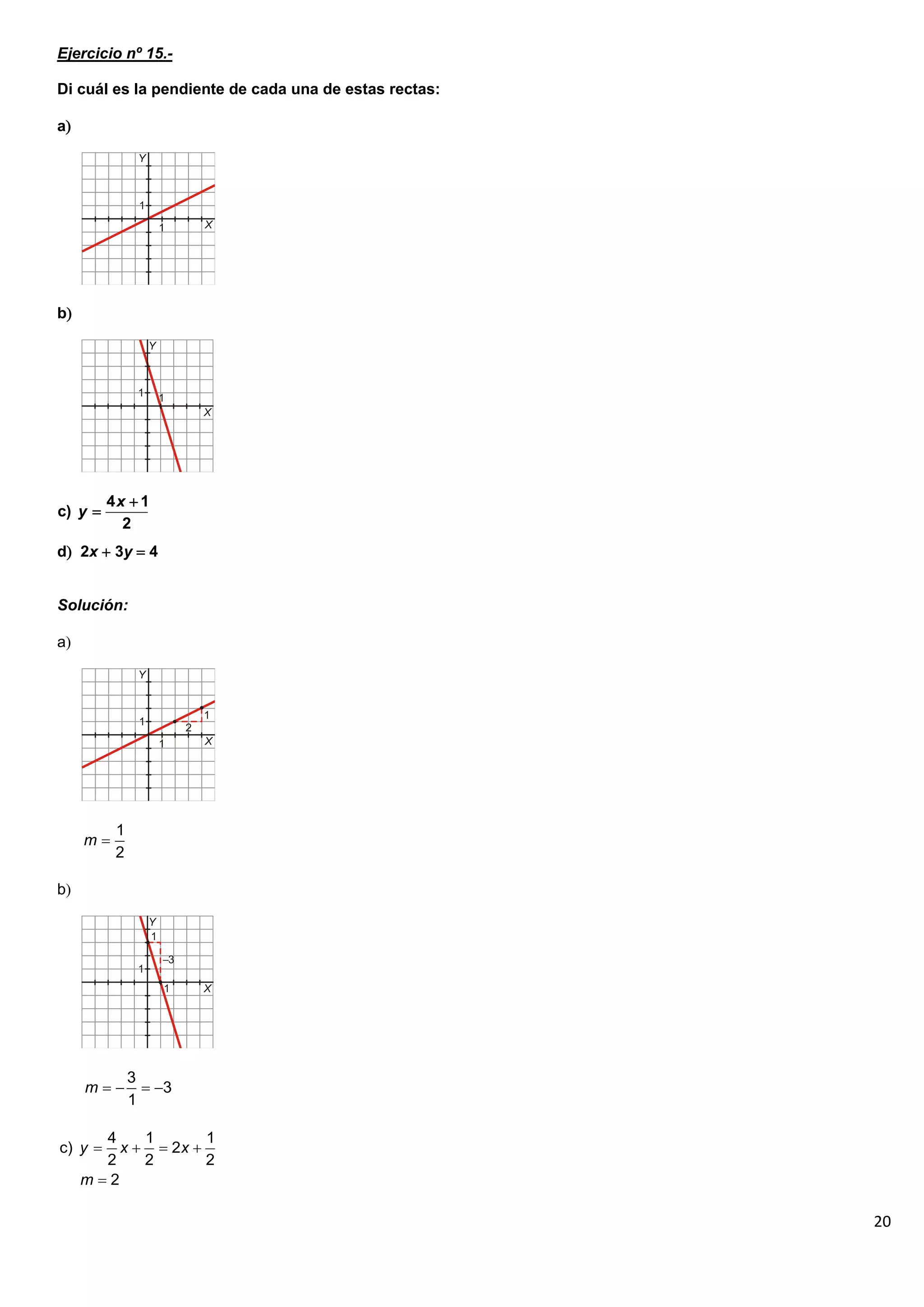 20
Ejercicio nº 15.-
Di cuál es la pendiente de cada una de estas rectas:
a
b
d 2x  3y  4
Solución:
a
b
4 1
c)
2
x
y


1
2
m 
3
3
1
m    
4 1 1
c) 2
2 2 2
2
y x x
m
   

 