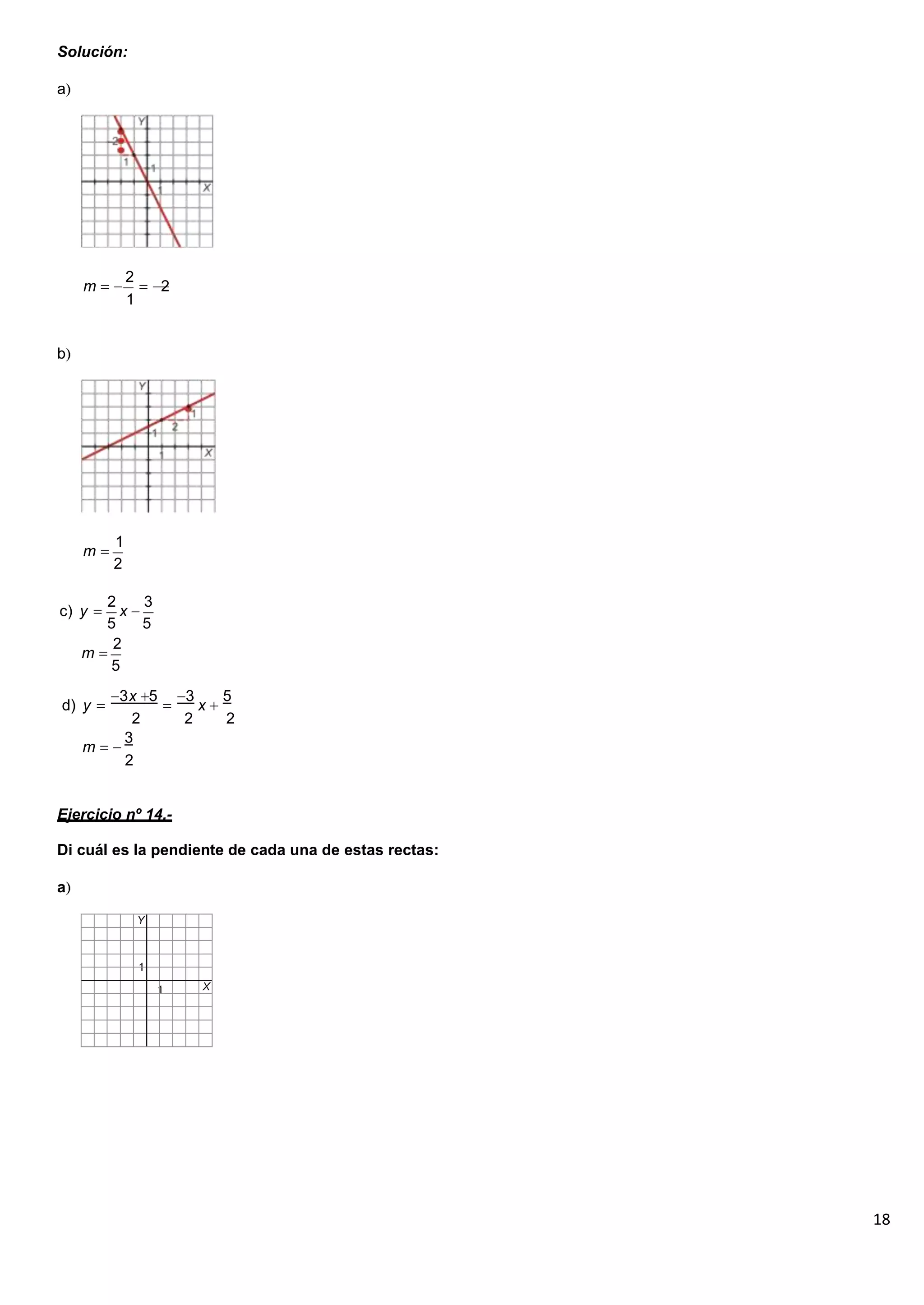 18
Solución:
a
m
2
2
1
b
m
1
2
c) y
2
x
3
5 5
m
2
5
d) y
3x 5 3
x
5
2 2 2
3
m
2
Ejercicio nº 14.-
Di cuál es la pendiente de cada una de estas rectas:
a
 