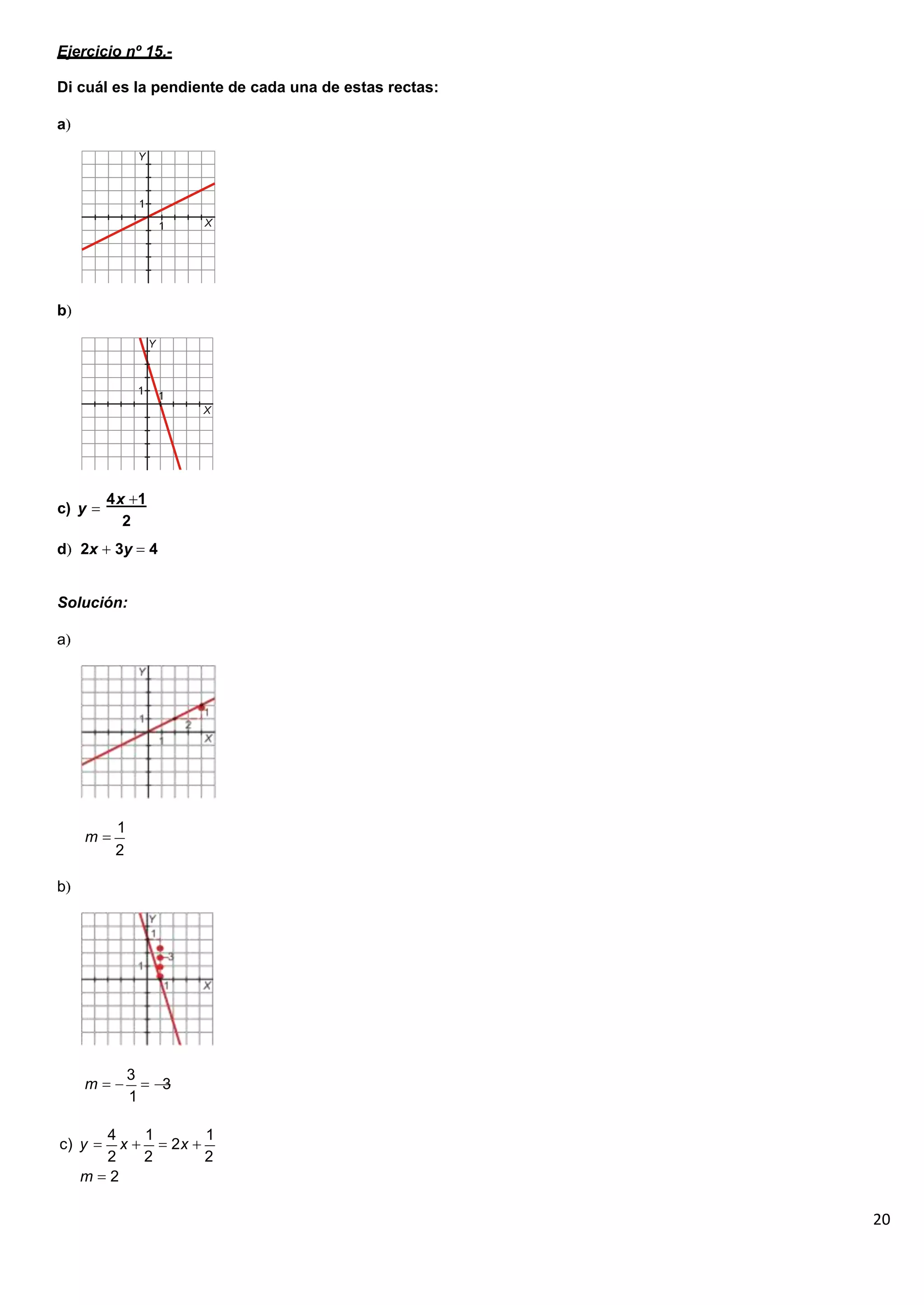 20
Ejercicio nº 15.-
Di cuál es la pendiente de cada una de estas rectas:
a
b
c) y
4x 1
2
d 2x 3y 4
Solución:
a
m
1
2
b
m
3
3
1
c) y
4
x
1
2x
1
2 2 2
m 2
 