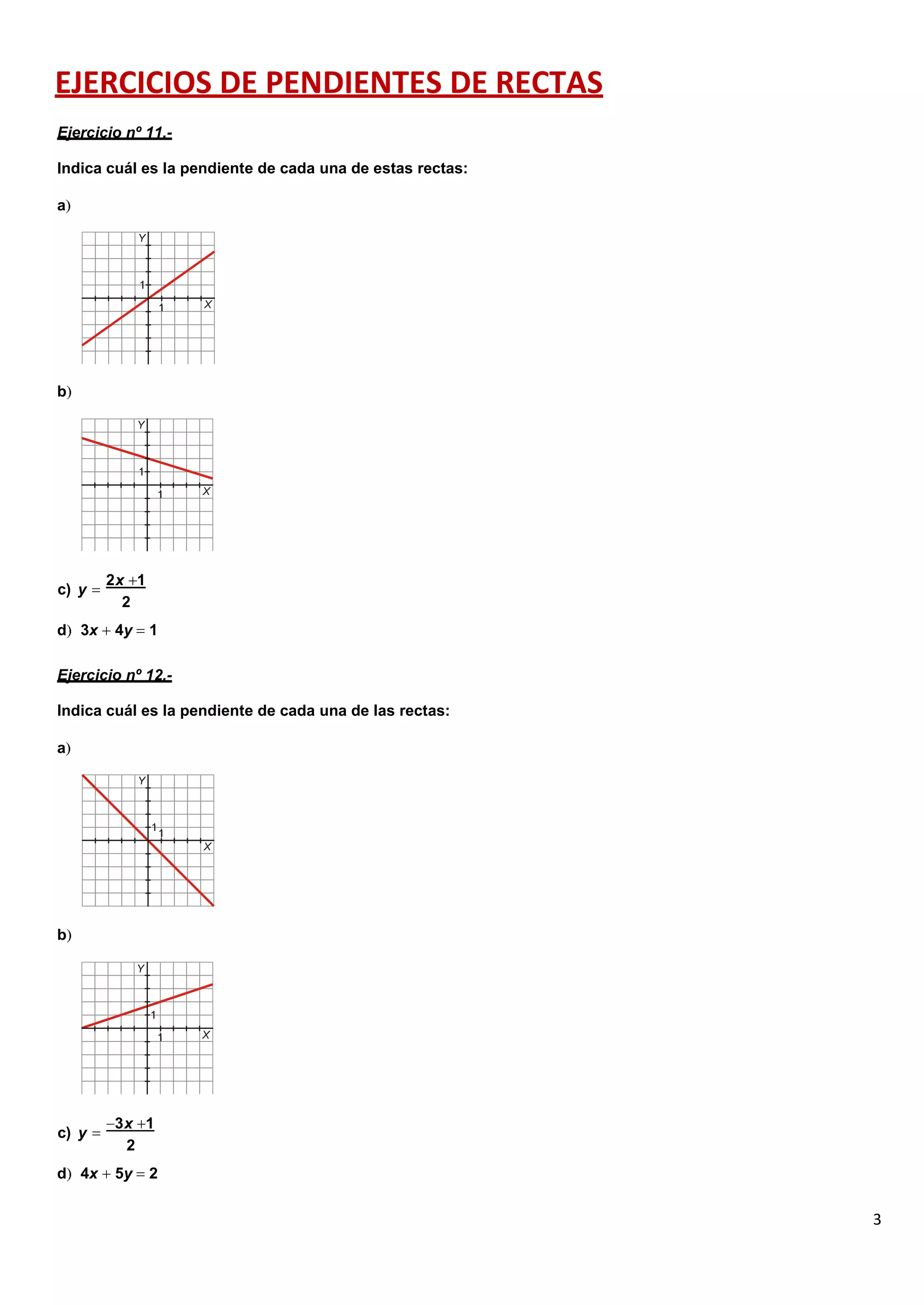 3
EJERCICIOS DE PENDIENTES DE RECTAS
Ejercicio nº 11.-
Indica cuál es la pendiente de cada una de estas rectas:
a
b
c) y
2x 1
2
d 3x 4y 1
Ejercicio nº 12.-
Indica cuál es la pendiente de cada una de las rectas:
a
b
c) y
3x 1
2
d 4x 5y 2
 
