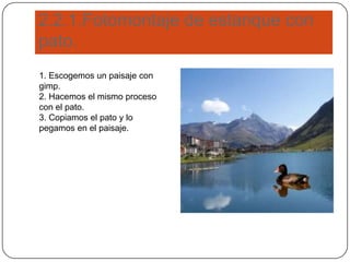 2.2.1.Fotomontaje de estanque con
pato.
1. Escogemos un paisaje con
gimp.
2. Hacemos el mismo proceso
con el pato.
3. Copiamos el pato y lo
pegamos en el paisaje.
 