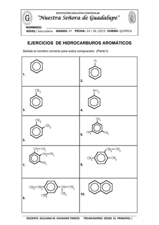 DOCENTE: GIULIANA M. CHURANO TINOCO TRIUNFADORES DESDE EL PRINCIPIO..!
INSTITUCIÓN EDUCATIVA PARTICULAR
NOMBRES:
__________
__________
__________
__________
_____
__________
__________
__________
______
FECHA: 24 / 06 /2015 CURSO: QUÍMICAGRADO: 4ºNIVEL: Secundaria
EJERCICIOS DE HIDROCARBUROS AROMÁTICOS
Señala el nombre correcto para estos compuestos (Parte1):
1.
2.
3. 4.
5.
6.
7. 8.
9.
10.
 