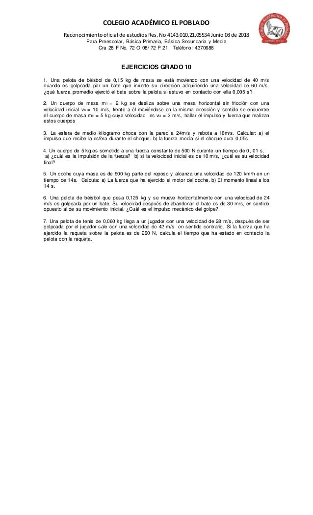 Ejercicios De Impulso Grado 10