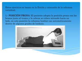 Estos ejercicios se basan en la flexión y extensión de la columna
vertebral.

1.- POSICIÓN PRONA: El paciente adopta la posición prona con los
brazos junto al tronco y la cabeza se coloca mirando hacia un
lado, en esta posición la columna lumbar cae automáticamente
dentro de algunos grados de lordosis.
 