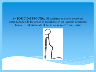 5.- POSICIÓN ERGUIDA: El paciente se apoya sobre las
extremidades de los dedos la movilización en lordosis desciende
     hacia L1-L3 pudiendo el dorso estar recto o en cifosis.
 