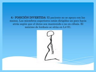 6.- POSICIÓN INVERTIDA: El paciente no se apoya con las
manos. Los miembros superiores están dirigidos un poco hacia
  atrás según que el dorso sea mantenido o no en cifosis. El
            máximo de lordosis se sitúa en L4-S1.
 