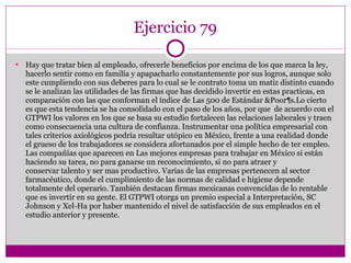 Ejercicio 79 Hay que tratar bien al empleado, ofrecerle beneficios por encima de los que marca la ley, hacerlo sentir como en familia y apapacharlo constantemente por sus logros, aunque solo este cumpliendo con sus deberes para lo cual se le contrato toma un matiz distinto cuando se le analizan las utilidades de las firmas que has decidido invertir en estas practicas, en comparación con las que conforman el índice de Las 500 de Estándar &Poor¶s.Lo cierto es que esta tendencia se ha consolidado con el paso de los años, por que  de acuerdo con el GTPWI los valores en los que se basa su estudio fortalecen las relaciones laborales y traen como consecuencia una cultura de confianza. Instrumentar una política empresarial con tales criterios axiológicos podría resultar utópico en México, frente a una realidad donde el grueso de los trabajadores se considera afortunados por el simple hecho de ter empleo. Las compañías que aparecen en Las mejores empresas para trabajar en México si están haciendo su tarea, no para ganarse un reconocimiento, si no para atraer y conservar talento y ser mas productivo. Varias de las empresas pertenecen al sector farmacéutico, donde el cumplimiento de las normas de calidad e higiene depende totalmente del operario. También destacan firmas mexicanas convencidas de lo rentable que es invertir en su gente. El GTPWI otorga un premio especial a Interpretación, SC Johnson y Xel-Ha por haber mantenido el nivel de satisfacción de sus empleados en el estudio anterior y presente. 