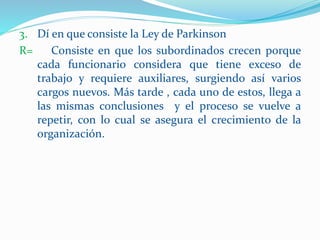 3. Dí en que consiste la Ley de Parkinson
R= Consiste en que los subordinados crecen porque
cada funcionario considera que tiene exceso de
trabajo y requiere auxiliares, surgiendo así varios
cargos nuevos. Más tarde , cada uno de estos, llega a
las mismas conclusiones y el proceso se vuelve a
repetir, con lo cual se asegura el crecimiento de la
organización.
 