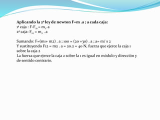 Aplicando la 2a ley de newton F=m .a ; a cada caja:
1ª caja : F-F21 = m1. a
2ª caja: F12 = m2 . a
Sumando: F=(m1+ m2) . a ; 100 = (20 +30) . a ; a= m/ s 2
Y sustituyendo F12 = m2 . a = 20.2 = 40 N, fuerza que ejerce la caja 1
sobre la caja 2
La fuerza que ejerce la caja 2 sobre la 1 es igual en módulo y dirección y
de sentido contrario.
 