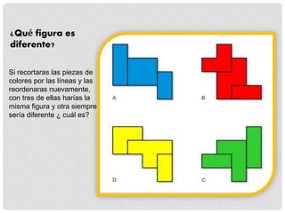 ¿Qué figura es
diferente?
Si recortaras las piezas de
colores por las líneas y las
reordenaras nuevamente,
con tres de ellas harías la
misma figura y otra siempre
sería diferente ¿ cuál es?
 