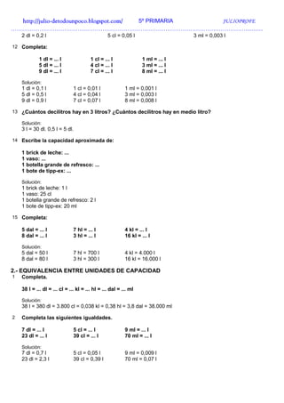 http://julio-
  http://julio -detodounpoco.blogspot.com/ 5º PRIMARIA JULIOPROFE
……………………………………………………………………………………………………………………
    2 dl = 0,2 l                                 5 cl = 0,05 l                   3 ml = 0,003 l

12 Completa:

             1 dl = ... l               1 cl = ... l              1 ml = ... l
             5 dl = ... l               4 cl = ... l              3 ml = ... l
             9 dl = ... l               7 cl = ... l              8 ml = ... l

    Solución:
    1 dl = 0,1 l               1 cl = 0,01 l              1 ml = 0,001 l
    5 dl = 0,5 l               4 cl = 0,04 l              3 ml = 0,003 l
    9 dl = 0,9 l               7 cl = 0,07 l              8 ml = 0,008 l

13 ¿Cuántos decilitros hay en 3 litros? ¿Cuántos decilitros hay en medio litro?

    Solución:
    3 l = 30 dl. 0,5 l = 5 dl.

14 Escribe la capacidad aproximada de:

    1 brick de leche: ...
    1 vaso: ...
    1 botella grande de refresco: ...
    1 bote de tipp-ex: ...

    Solución:
    1 brick de leche: 1 l
    1 vaso: 25 cl
    1 botella grande de refresco: 2 l
    1 bote de tipp-ex: 20 ml

15 Completa:

    5 dal = ... l              7 hl = ... l               4 kl = ... l
    8 dal = ... l              3 hl = ... l               16 kl = ... l

    Solución:
    5 dal = 50 l               7 hl = 700 l               4 kl = 4.000 l
    8 dal = 80 l               3 hl = 300 l               16 kl = 16.000 l

2.- EQUIVALENCIA ENTRE UNIDADES DE CAPACIDAD
1   Completa.

    38 l = ... dl = ... cl = ... kl = ... hl = ... dal = ... ml

    Solución:
    38 l = 380 dl = 3.800 cl = 0,038 kl = 0,38 hl = 3,8 dal = 38.000 ml

2   Completa las siguientes igualdades.

    7 dl = ... l               5 cl = ... l               9 ml = ... l
    23 dl = ... l              39 cl = ... l              70 ml = ... l

    Solución:
    7 dl = 0,7 l               5 cl = 0,05 l              9 ml = 0,009 l
    23 dl = 2,3 l              39 cl = 0,39 l             70 ml = 0,07 l
 