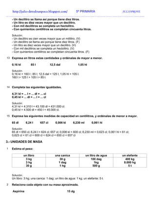 http://julio-
  http://julio -detodounpoco.blogspot.com/ 5º PRIMARIA JULIOPROFE
……………………………………………………………………………………………………………………
    - Un decilitro se llama así porque tiene diez litros.
    - Un litro es diez veces mayor que un decilitro.
    - Con mil decilitros se completa un hectolitro.
    - Con quinientos centilitros se completan cincuenta litros.

    Solución:
    - Un decilitro es cien veces mayor que un mililitro. (V)
    - Un decilitro se llama así porque tiene diez litros. (F)
    - Un litro es diez veces mayor que un decilitro. (V)
    - Con mil decilitros se completa un hectolitro. (V)
    - Con quinientos centilitros se completan cincuenta litros. (F)

13 Expresa en litros estas cantidades y ordénalas de mayor a menor.

    0,16 kl           85 l              12,5 dal               1,05 hl

    Solución:
    0,16 kl = 160 l ; 85 l; 12,5 dal = 125 l; 1,05 hl = 105 l.
    160 l > 125 l > 105 l > 85 l.


14 Completa las siguientes igualdades.

    4,31 kl = ... l = ... dl = ... cl
    0,45 kl = ... dl = ... l = ... cl

    Solución:
    4,31 kl = 4.310 l = 43.100 dl = 431.000 cl.
    0,45 kl = 4.500 dl = 450 l = 45.000 cl.

15 Expresa las siguientes medidas de capacidad en centilitros, y ordénalas de menor a mayor.

    65 dl        6,24 l        657 cl       0,006 kl      6,230 ml       0,061 hl

    Solución:
    65 dl = 650 cl; 6,24 l = 624 cl; 657 cl; 0,006 kl = 600 cl; 6,230 ml = 0,623 cl; 0,061 hl = 61 cl;
    0,623 cl < 61 cl < 600 cl < 624 cl < 650 cl < 657 cl

3.- UNIDADES DE MASA

1   Estima el peso:

                un libro                    una canica               un litro de agua           un elefante
                 3 kg                          30 g                      100 dag                  400 kg
                 3 hg                         1 dag                         1kg                  8.000 hg
                 30 g                          1 hg                        500 g                    5t


    Solución:
    Un libro: 3 hg; una canica: 1 dag; un litro de agua: 1 kg; un elefante: 5 t.

2   Relaciona cada objeto con su masa aproximada.

    Aspirina                                           15 dg
 