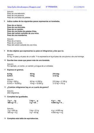 http://julio-
  http://julio -detodounpoco.blogspot.com/ 5º PRIMARIA JULIOPROFE
……………………………………………………………………………………………………………………
    Solución:
    Peso de una televisión.
    Peso de una persona.
    Peso de una bolsa de patatas.

8   Indica cuáles de los siguientes pesos expresarías en toneladas.

    Peso de un barco.
    Peso de una bicicleta.
    Peso de un camión.
    Peso de una bolsa de patatas fritas.
    Peso del carbón extraído de una mina.
    Peso de una mandarina.

    Solución:
    Peso de un barco.
    Peso de un camión.
    Peso del carbón extraído de una mina.


9   Di dos objetos que expresarías su peso en kilogramos y dos que no.

    Solución:
    En kg, mi peso y el peso de un sofá. Y no expresaría en kg el peso de una pluma o de una hormiga.

10 Escribe tres cosas que pesen más de una tonelada.

    Solución:
    Por ejemplo, un coche, un camión y el agua de un embalse.

11 Expresa en gramos.

    0,5 kg                      45 hg                        210 dag
    0,018 t                     15 kg                        3,12 hg

    Solución:
    0,5 kg = 500 g              45 hg = 4.500 g              210 dag = 2.100 g
    0,018 t = 18.000 g          15 kg = 15.000 g             3,12 hg = 312 g

12 ¿Cuántos miligramos hay en un cuarto de gramo?

    Solución:
    250 miligramos.

13 Completa las igualdades.

    2 g = ... cg                3 dg = ... g               4 g = ... mg
    500 cg = 5 ...              3 g = 30 ...               4.000 mg = 4 ...


    Solución:
    2 g = 200 cg                3 dg = 0,3 g               4 g = 4.000 mg
    500 cg = 5 g                3 g = 30 dg                4.000 mg = 4 g


14 Completa esta tabla de equivalencias.
 