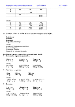 http://julio-
  http://julio -detodounpoco.blogspot.com/ 5º PRIMARIA JULIOPROFE
……………………………………………………………………………………………………………………
             g             dg                 cg                 mg
             3
                                             1.500
                           40
                                                               50.000


    Solución:
           g              dg                   cg                mg
            3             30                  300               3.000
           15             150                1.500             15.000
            4             40                  400               4.000
           50             500                5.000             50.000


15 Escribe la unidad de medida de peso que utilizarías para estos objetos.

    Un bolígrafo
    Un horno
    Un autobús
    El agua de un estanque

    Solución:
    Un bolígrafo: decigramo o centigramo
    Un horno: kilogramo
    Un autobús: tonelada
    El agua de un estanque: tonelada

4.- EQUIVALENCIAS ENTRE LAS UNIDADES DE MASA
1   Completa las siguientes igualdades.

    8 dg = ... g           4 mg = ... g              7 cg = ... g
    40 dg = ... g          900 mg = ... g            0,2 cg = ... g

    Solución:
    8 dg = 0,8 g           4 mg = 0,004 g            7 cg = 0,07 g
    40 dg = 4 g            900 mg = 0,9 g            0,2 cg = 0,002 g

2   Transforma en gramos.

    1,2 kg           0,18 hg                 72,5 dag
    140 cg           1.460 mg                610 dg

    Solución:
    1,2 kg = 1200 g        0,18 hg = 180 g           72,5 dag = 725 g
    140 cg = 1,4 g         1.460 mg = 1,46 g         610 dg = 61 g

3   Completa.

    17 hg = ... g          19 dag = ... g            5 kg = ... g
    230 hg = ... g         0,4 dag = ... g           0,09 kg = ... g

    Solución:
    17 hg = 1.700 g        19 dag = 190 g            5 kg = 5.000 g
    230 hg = 23.000 g      0,4 dag = 4 g             0,09 kg = 90 g
 