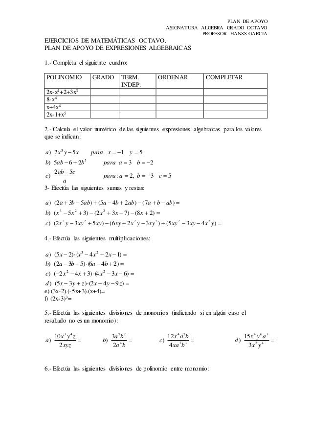 Ejercicios De Matematicas Octavo
