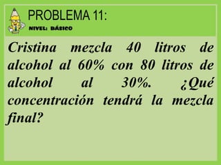 Cristina mezcla 40 litros de
alcohol al 60% con 80 litros de
alcohol al 30%. ¿Qué
concentración tendrá la mezcla
final?
 