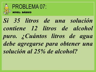 Si 35 litros de una solución
contiene 12 litros de alcohol
puro. ¿Cuántos litros de agua
debe agregarse para obtener una
solución al 25% de alcohol?
 