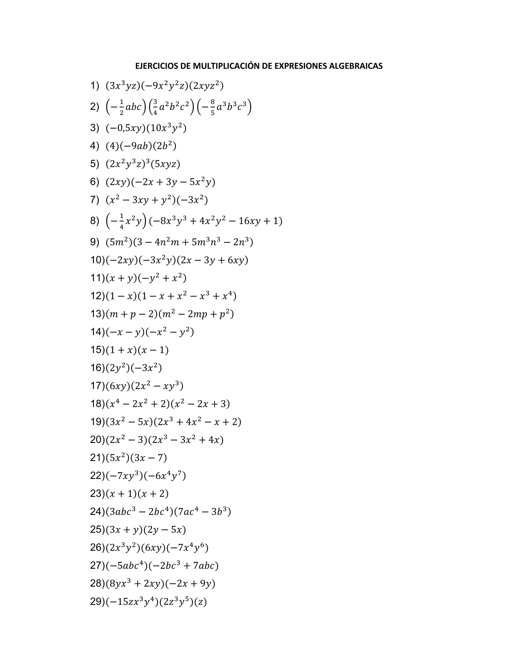 Ejercicios de multiplicacion de expresiones algebraicas | PDF