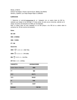 Mérida, 27/08/15
Instituto Tecnológico Antonio José de Sucre. Mérida, Edo Mérida
Nombre y Apellido: Luis Felipe Rangel Rojas C.I:24853521
EJERCICIOS
1. Determine el sub-total asignaciones de un trabajador con un salario diario de 830 bs,
sabiendo que trabajó el día domingo y 3 horas extras, de esta una es nocturnas, además se le
otorga una prima de transporte de 100bs por día laborales.
Nota: el salario diario de este trabajador es de 930 porque a los 830 de su salario diario le
sumamos los 100 de la prima de transporte.
Datos
SD: 830
HED: 2 HORAS
HEN: 1 HORA
PT: 100
Desarrollo
HED =
𝟗𝟑𝟎
𝟖
× 𝟏. 𝟓 × 𝟐 = 𝟑𝟒𝟖. 𝟕𝟓𝒃𝒔
HEN=
𝟗𝟑𝟎
𝟕
× 𝟏. 𝟓 × 𝟏 = 𝟏𝟗𝟗. 𝟐𝟖𝒃𝒔
BN=
𝟗𝟑𝟎
𝟖
× 𝟎. 𝟑 × 𝟏 = 𝟑𝟒. 𝟖𝟕𝒃𝒔
DF=𝟗𝟑𝟎 × 𝟏. 𝟓 = 𝟏𝟑𝟗𝟓𝒃𝒔
CONCEPTO ASIGNACIONES
Salario Basico Semanal 4980
PT 500
HED 348.75
HEN 199.28
DF 1395
BN 34.87
Subtotal 7457.90
 