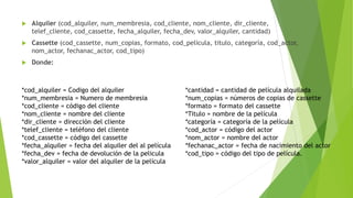  Alquiler (cod_alquiler, num_membresia, cod_cliente, nom_cliente, dir_cliente,
telef_cliente, cod_cassette, fecha_alquiler, fecha_dev, valor_alquiler, cantidad)
 Cassette (cod_cassette, num_copias, formato, cod_pelicula, titulo, categoría, cod_actor,
nom_actor, fechanac_actor, cod_tipo)
 Donde:
*cod_alquiler = Codigo del alquiler
*num_membresia = Numero de membresia
*cod_cliente = código del cliente
*nom_cliente = nombre del cliente
*dir_cliente = dirección del cliente
*telef_cliente = teléfono del cliente
*cod_cassette = código del cassette
*fecha_alquiler = fecha del alquiler del al película
*fecha_dev = fecha de devolución de la pelicula
*valor_alquiler = valor del alquiler de la película
*cantidad = cantidad de película alquilada
*num_copias = números de copias de cassette
*formato = formato del cassette
*Titulo = nombre de la película
*categoría = categoría de la película
*cod_actor = código del actor
*nom_actor = nombre del actor
*fechanac_actor = fecha de nacimiento del actor
*cod_tipo = código del tipo de película.
 