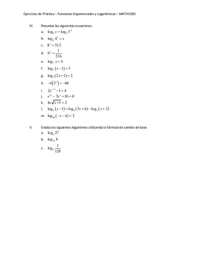 2-7)3 y=log(x Funciones Exponenciales Ejercicios y de â€“ Práctica