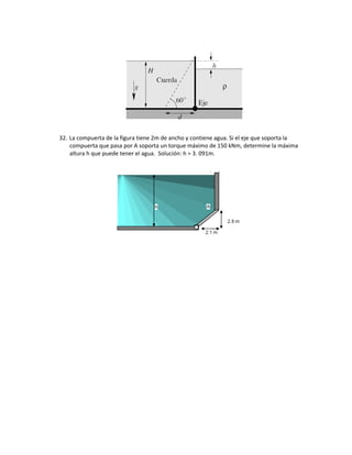  
 
32. La compuerta de la figura tiene 2m de ancho y contiene agua. Si el eje que soporta la 
compuerta que pasa por A soporta un torque máximo de 150 kNm, determine la máxima 
altura h que puede tener el agua.  Solución: h = 3. 091m. 
 
 
 