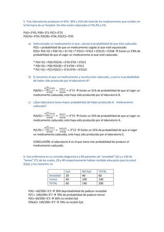 5. Tres laboratorios producen el 45%, 30% y 25% del total de los medicamentos que reciben en
la farmacia de un hospital. De ellos están caducados el 3%,4% y 5%.
P(A)= 0’45; P(B)= 0’3; P(C)= 0’25
P(D/A)= 0’03; P(D/B)= 0’04; P(D/C)= 0’05
a) Seleccionado un medicamento al azar, calcula la probabilidad de que este caducado.
P(D) = probabilidad de que un medicamento cogido al azar esté equivocado.
P(D)= P(A∩D) + P(B∩D) + (C∩D) =* 0’013 + 0’012 + 0’0125 = 0’038  Existe un 3’8% de
probabilidad de que al coger un medicamento al azar esté caducado.
* P(A∩D) = P(A)·P(D/A) = 0’45·0’03 = 0’013
* P(B∩D) = P(B)·P(D/B) = 0’3·0’04 = 0’012
* P(C∩D) = P(C)·P(D/C) = 0’25·0’05 = 0’0125
b) Si tomamos al azar un medicamento y resulta estar caducado, ¿cual es la probabilidad
de haber sido producido por el laboratorio B?
P(B/D) =
( )
 Existe un 31% de probabilidad de que al coger un
medicamento caducado, este haya sido producido por el laboratorio B.
c) ¿Que laboratorio tiene mayor probabilidad de haber producido el medicamento
caducado?
P(A/D) =
( )
 Existe un 35% de probabilidad de que al coger un
medicamento caducado, este haya sido producido por el laboratorio A.
P(C/D) =
( )
 Existe un 32% de probabilidad de que al coger
un medicamento caducado, este haya sido producido por el laboratorio C.
CONCLUSIÓN: el laboratorio A es el que tiene más probabilidad de producir el
medicamento caducado.
6. Una enfermera en su consulta diagnostica a 60 pacientes de “ansiedad” (A) y a 140 de
“temor” (T), de los cuales, 20 y 40 respectivamente habían recibido educación para la salud
(EpS), y los restantes no
EpS NO EpS TOTAL
Ansiedad 20 40 60
Temor 40 100 140
TOTAL 60 140 200
P(A) = 60/200= 0’3  30% deprobabilidad de padecer ansiedad
P(T) = 140/200= 0’7  70% de probabilidad de padecer temor
P(E)= 60/200= 0’3  30% no recibió EpS
P(NoE)= 140/200= 0’7  70% no recibió EpS
 